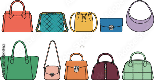 Trendy colorful women handbags collection flat design fashion purses tote backpack clutch accessories vector illustration set