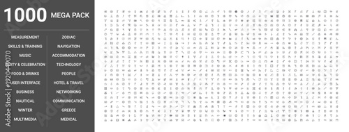 Big set of 1000 thin line web icons such as Medical, People, Communication, Business, Technology, Music, User interface, Food & drinks, Hotel & travel, Multimedia, Networking, Winter, Party &