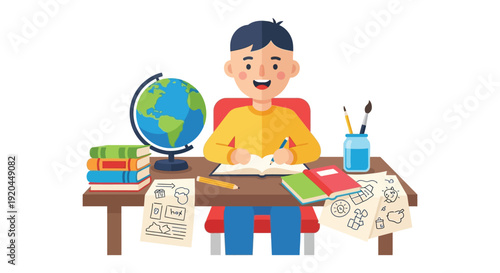 A young student diligently studies at a desk with books a globe and art supplies silhouette high quality professional detailed modern
