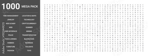 Big set of 1000 thin line web icons such as Web, Transportation, Technology, User interface, Food & drinks, Business, Fashion, Time management, Location & maps, Blockchain, Cryptocurrency, Furniture