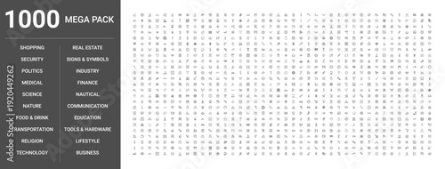 Big set of 1000 thin line web icons such as Food & drink, Business, Nature, Technology, Security, Medical, Real estate, Science, Industry, Education, Transportation, Communication, Finance, Shopping