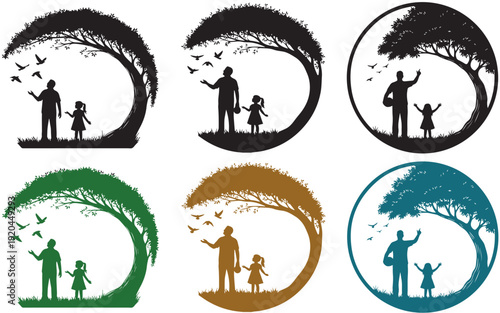 Father and daughter spending time together in nature, cute family bonding illustration in a beautiful landscape.