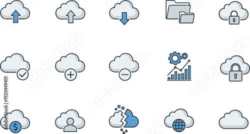 Cloud computing icon set, upload, download, storage, security, analytics, synchronization, folder, data management, network, vector illustration