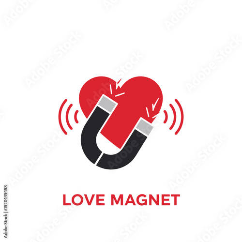 Creative Love Magnet Logo with Red Heart and Horseshoe Magnet, Text on an Isolated White Background