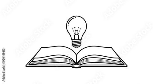 An open book with a glowing lightbulb resting above it representing knowledge and ideas silhouette high quality professional detailed modern elegant