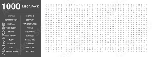 Big set of 1000 thin line web icons such as Business, Communication, Medical, Transportation, Technology, Education, Construction, Shopping, Delivery, Music, Emotions, Signs, Weather, Tools