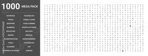 Big set of 1000 thin line web icons such as Food & drinks, Business, Technology, Design, Shopping, Transportation, Medical, Tools, Interface, Education, Entertainment, Home & living, Science, Sports