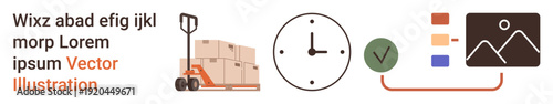 Logistics, delivery systems, time tracking, workflow organization, data analysis, inventory management. Pallet jack, clock checklist and chart interconnected concepts. Logistics and delivery