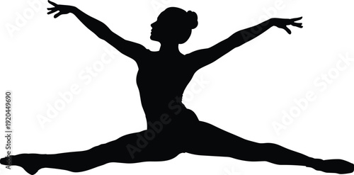 Ballerina silhouette performing leg splits, graceful female dancer pose, gymnastic flexibility, ballet studio exercise, artistic performance icon, rhythmic gymnastics, athletic stretching