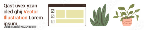 Productivity, organization, digital tools, interior decor, workspace inspiration, minimalist design. A checklist application interface alongside graphical plants. Productivity and organization