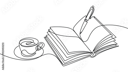 Continuous line drawing of open book with pen and coffee cup minimalist one line art study workspace illustration