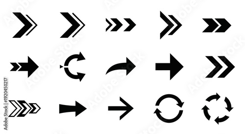 Collection of Black Arrows Icons and Symbols on White Background