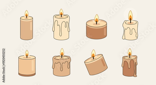 Set of various burning candles with dripping wax, isolated on light background