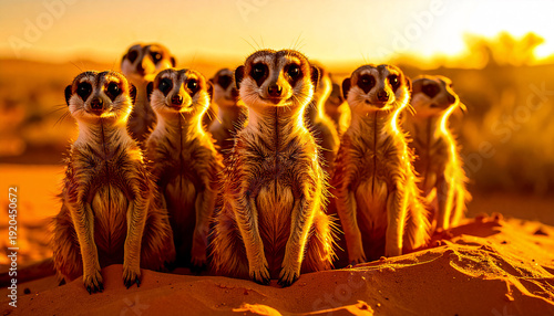 A group of curious meerkats standing alert in the desert sand, illuminated by warm golden sunset light. Concept of teamwork, curiosity, nature, survival, and African wildlife