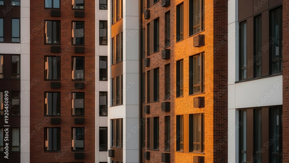 Fototapeta premium Modern Apartment Building Facade with Warm Sunlight