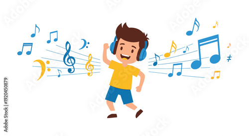 A cheerful boy with headphones listens to music surrounded by notes embodying joy and rhythm silhouette high quality professional detailed