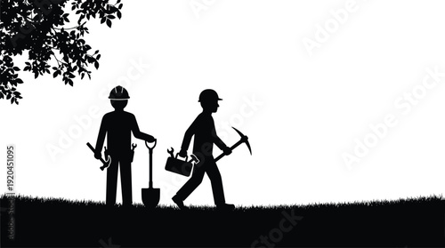 Black Silhouette of Two Construction Workers Carrying Hammer Shovel Toolbox and Pickaxe Walking Through a Field Under a Leafy Tree Branch