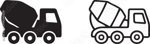 Concrete mixer truck icon set. Includes two distinct styles: one solid fill and one outline version of a cement mixer vehicle. Created in a minimalist black and white flat vector style.
