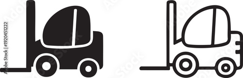 Forklift truck icon collection. Includes two variations of a forklift symbol: one solid fill and one outline. Created in a minimalist flat vector style with a black and white color palette.