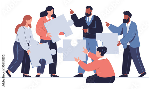 Diverse group of people working together to assemble a jigsaw puzzle isolated on white background