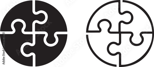 Puzzle piece icon collection. Includes four connected jigsaw pieces forming a circle, representing solution, teamwork, and integration. Created in solid fill and outline styles with a black and