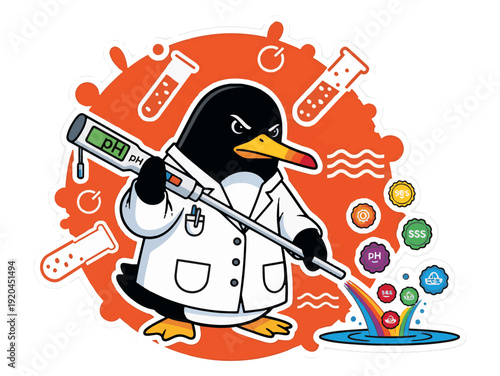 Cartoon penguin in lab coat conducting colorful chemistry experiment