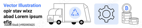 Delivery truck with recycling symbol, gear icon for process automation, stacked coins with cryptocurrency logo. Ideal for sustainability, logistics, technology, fintech, innovation, automation