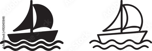 Sailboat icon collection. Includes a solid fill sailboat and an outline sailboat on waves. Created in a minimalist black and white style.