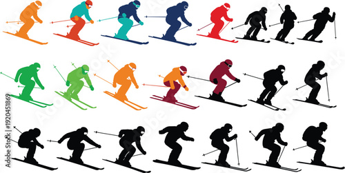 Large set of colorful and black silhouettes of people skiing and downhill racing in various poses isolated on white background for winter sports design