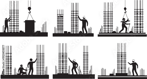 Construction workers building concrete columns with rebar and crane lifting