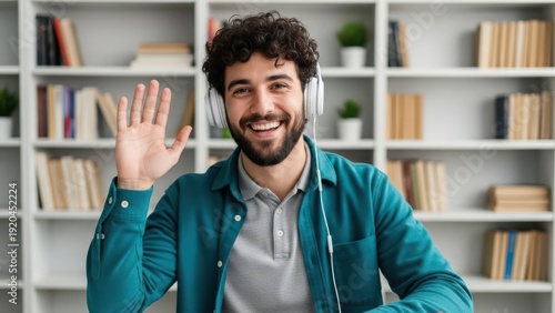 Man Waving Hello Wearing Headphones in Front of Bookshelves