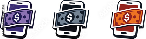 Mobile payment icon with smartphone and dollar bill, digital transaction, online banking and fintech money transfer concept illustration