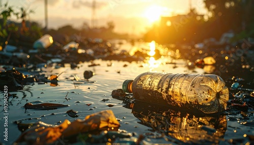 FlyPro_Firefly captures floating plastic bottles and containers mixed with natural debris in stagnant water, highlighting an unnatural addition to a looming disaster.