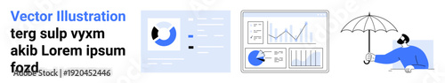 Analytics dashboard with graphs, user profile report, individual holding umbrella. Ideal for data protection, security, business analytics, risk management, privacy, user experience simple landing
