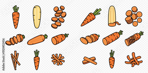 Set of cartoon carrots in various forms, including whole, peeled, sliced, and julienned, isolated on a transparent background.