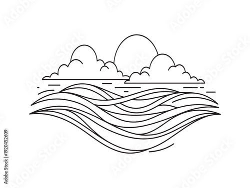 A serene seascape with wavy ocean lines and a cloudy sky