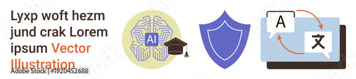 Education, cybersecurity, AI innovation, language services, machine learning, translation tools. AI brain with a graduation cap, shield and translation symbols. AI and cybersecurity concepts