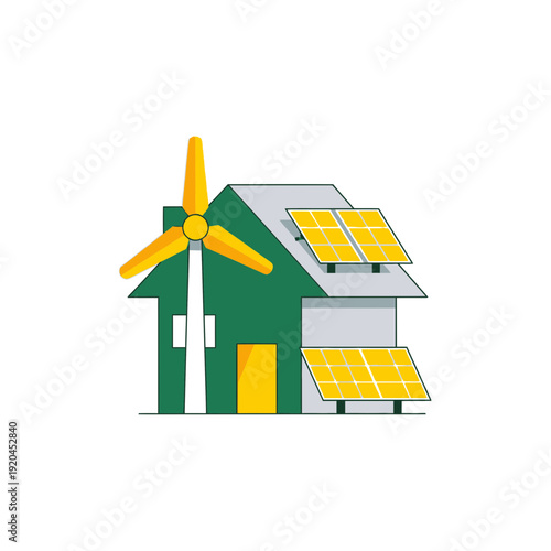 A flat style illustration of a house equipped with solar panels and a wind turbine, representing sustainable energy solutions and the concept of Carbon Footprint Tracking, flat style.