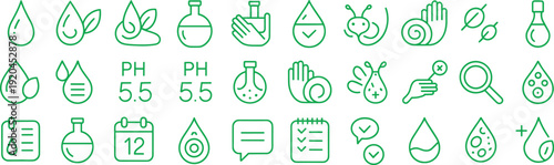 Water quality and pH balance outline icon set with laboratory testing, hygiene, skincare and health monitoring symbols