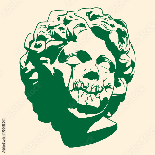 Fragmented statue head revealing skull, ancient art, decay, death, surrealism, green illustration