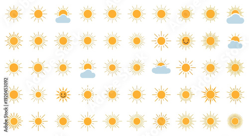 Collection of Sunny Weather Icons: Sun, Clouds, and Happy Faces