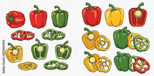 Set of colorful bell peppers, whole and sliced, showcasing red, yellow, and green varieties for culinary use.