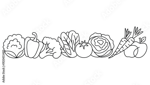 Continuous line drawing of fresh vegetables assortment minimalist one line art healthy food illustration isolated on white