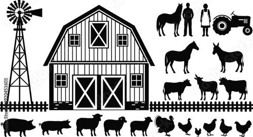 Farm animals silhouette set, rustic barn house, windmill, tractor, farmer couple, horse, cow, pig, sheep, chicken, turkey, agricultural rural landscape icons