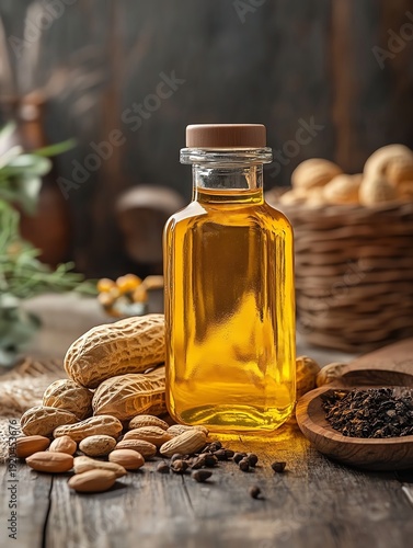 Nutritious yellow peanut oil bottle with goober nuts and natural spices beside it