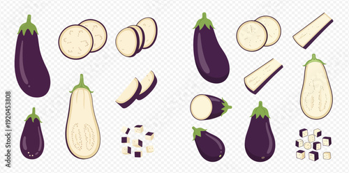 Set of fresh purple eggplants whole, sliced, and diced, isolated on transparent background.