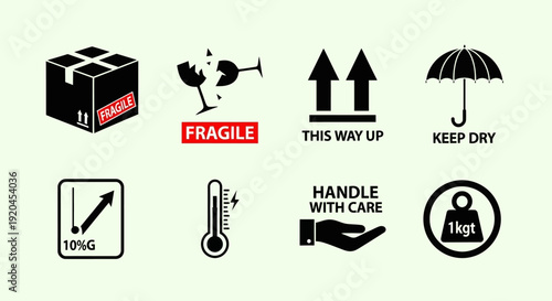 Shipping Symbols: Fragile, Handle With Care, Keep Dry, This Way Up, Weight Limit, Temperature