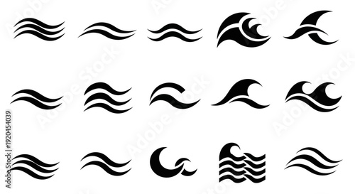 Set of wave icons, water flow symbols, sea elements