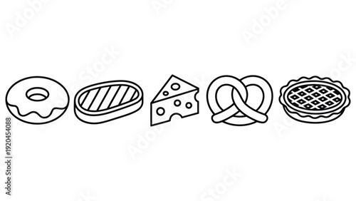 Continuous line drawing of bakery food set donut bread cheese pretzel pie minimalist one line art illustration