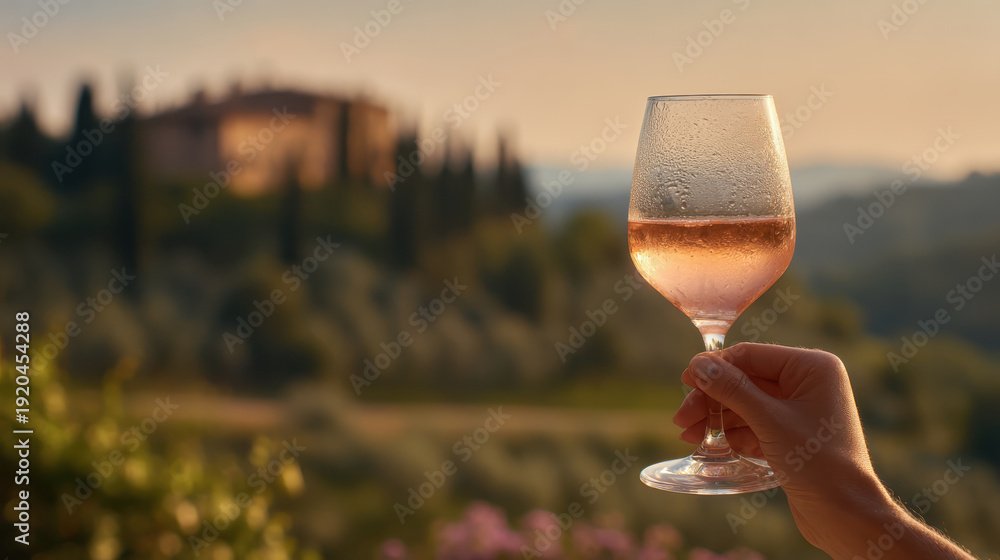 Naklejka premium Hand holding a glass of chilled rose wine against a scenic Italian Tuscany vineyard background